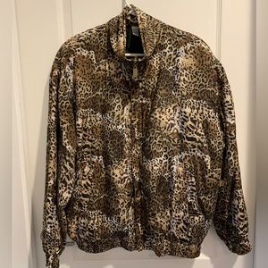 CoAco Women Large 100% Silk Vintage Thin Leopard Zips Jacket Animal Print Casual